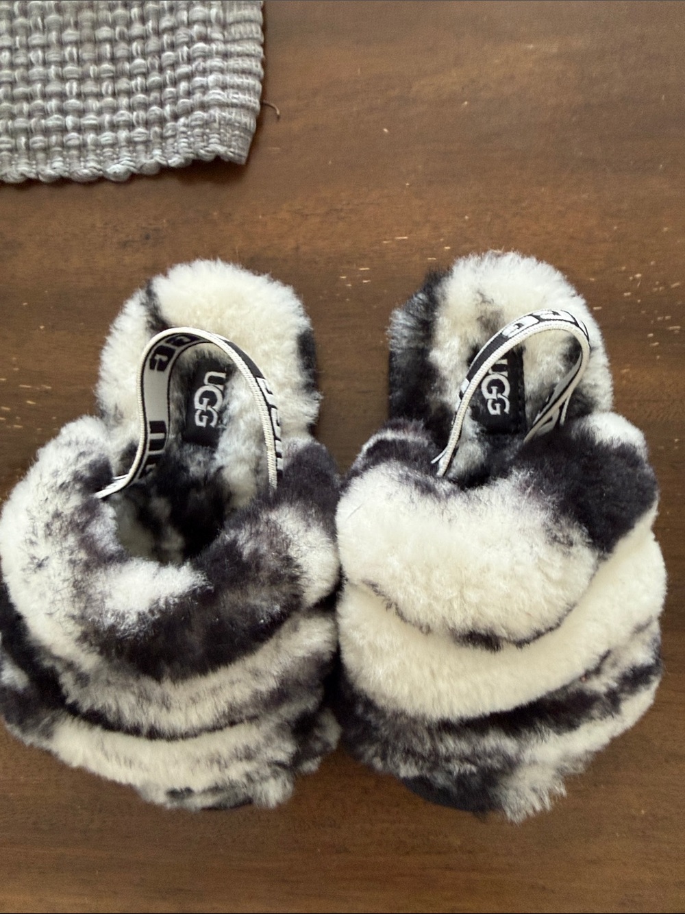 UGG Black & White Plush Sheepskin Slide Sandals